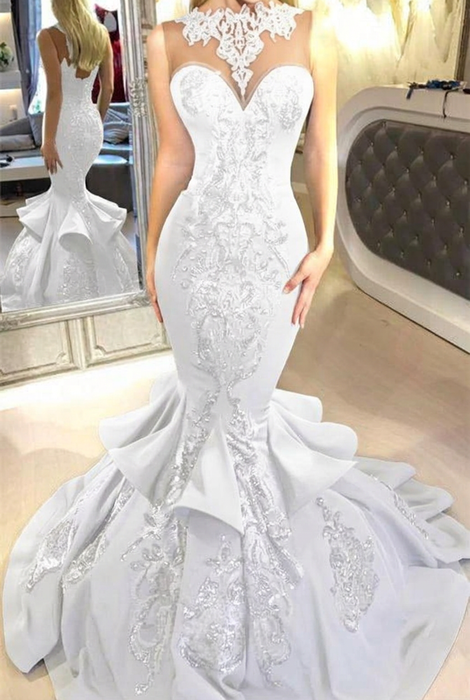 White Mermaid Beads Prom Dresses Appliques Evening Dresses