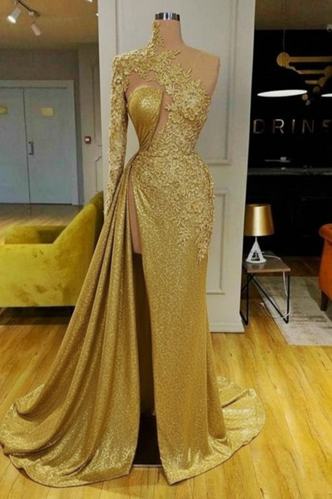 Gold Mermaid Evening Dress with Long Sleeves