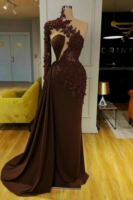 Brown Mermaid Evening Dress with Long Sleeves