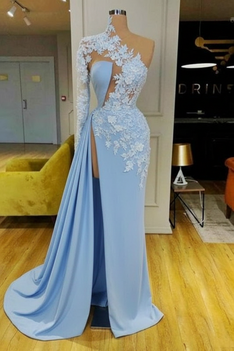Sky Blue Mermaid Evening Dress with Long Sleeves