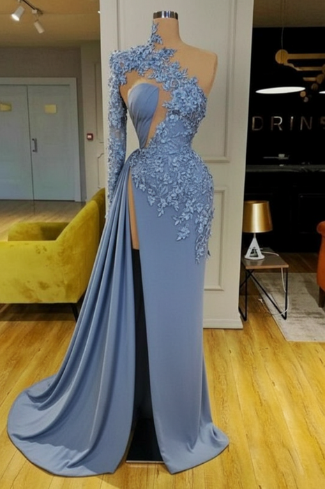 Dusty Blue Mermaid Evening Dress with Long Sleeves