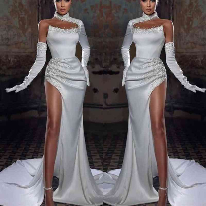 White Mermaid Prom Dress with Halter Neckline Beadings Pleats and High Slit