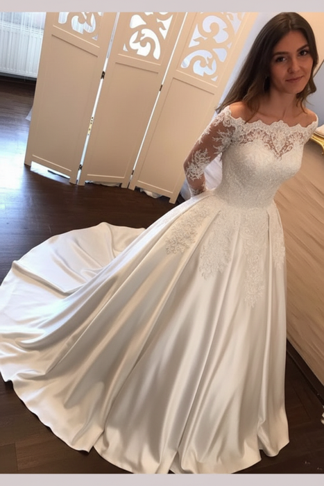 White Off Shoulder Long Sleeve Ball Gown Appliques Satin Prom Dress - Prom Dresses