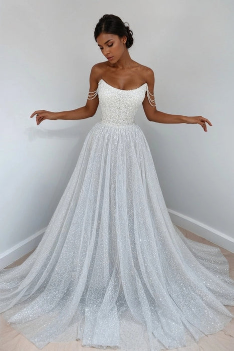 White Off-the-Shoulder Prom Dress Long with Sequins - Prom Dresses