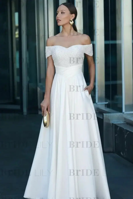 White Off-the-Shoulder Satin Aline Formal Dress with Beadings