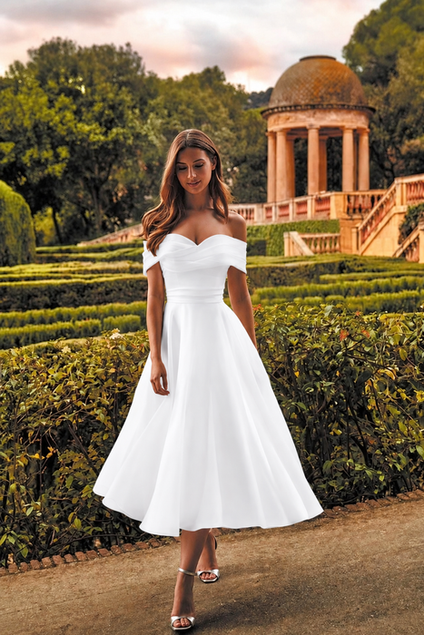 White Off-the-Shoulder Tea Length Aline Wedding Dress Tulle Vintage Bridal Dress