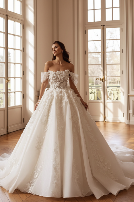 White Beautiful Off-the-Shoulder Aline Wedding Dress Lace Appliques Ball Gown