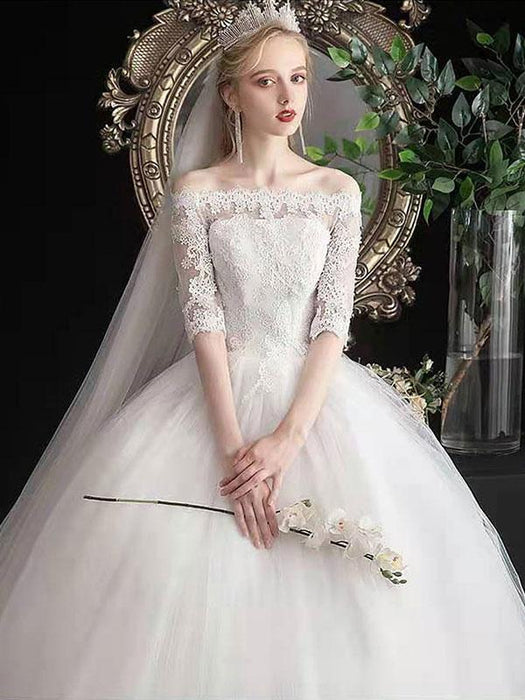 Cheap Wedding Dresses Eric White Off The Shoulder Half Sleeves Ball Gown Soft Tulle Lace Up Floor Length Bride Dresses
