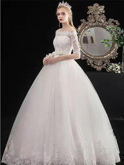 Cheap Wedding Dresses Eric White Off The Shoulder Half Sleeves Ball Gown Soft Tulle Lace Up Floor Length Bride Dresses