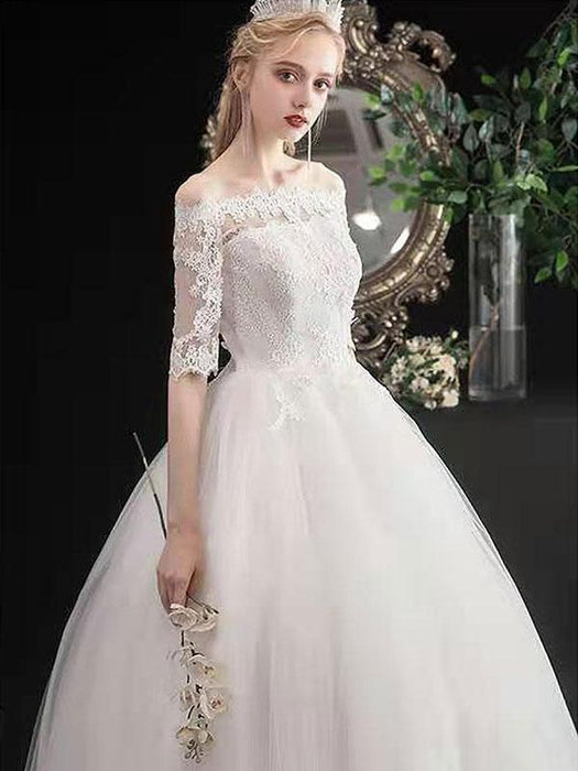 Cheap Wedding Dresses Eric White Off The Shoulder Half Sleeves Ball Gown Soft Tulle Lace Up Floor Length Bride Dresses