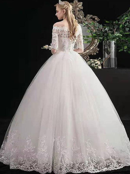 Cheap Wedding Dresses Eric White Off The Shoulder Half Sleeves Ball Gown Soft Tulle Lace Up Floor Length Bride Dresses