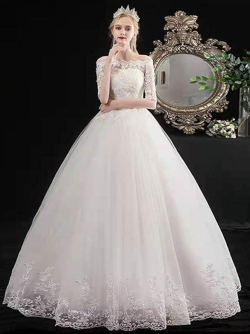 Cheap Wedding Dresses Eric White Off The Shoulder Half Sleeves Ball Gown Soft Tulle Lace Up Floor Length Bride Dresses