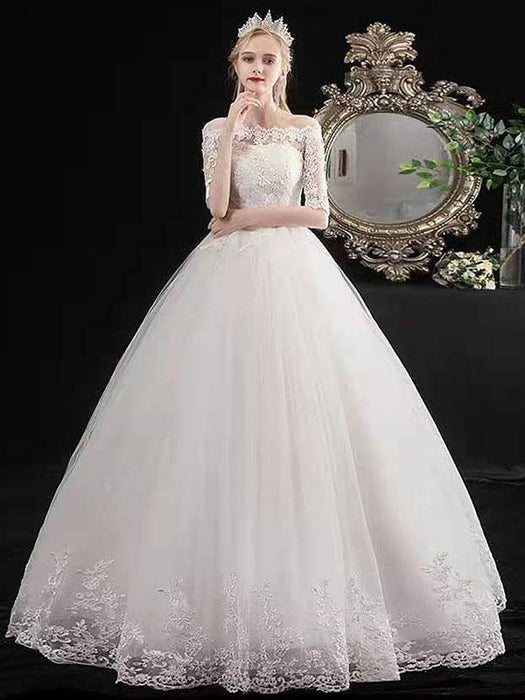 Cheap Wedding Dresses Eric White Off The Shoulder Half Sleeves Ball Gown Soft Tulle Lace Up Floor Length Bride Dresses