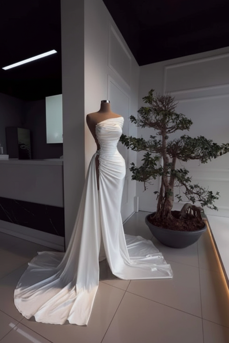 White Pearl Strapless Prom Dress with Long Slit