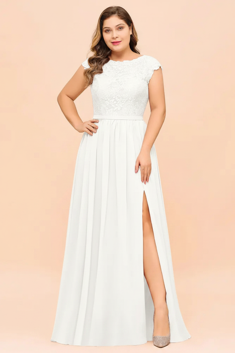 White Plus Size Bridesmaid Dress Lace with Split Cap Sleeves Chiffon Wedding Guest Dress