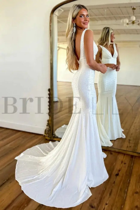 White Prom Dress Mermaid V Neck Long Evening Dress with Beadings - Prom Dresses