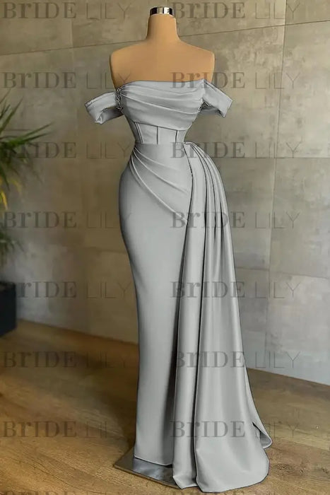 White Prom Dress Sleeveless Elegant Pleated Off-the-Shoulder Satin Evening Dress - Prom Dresses