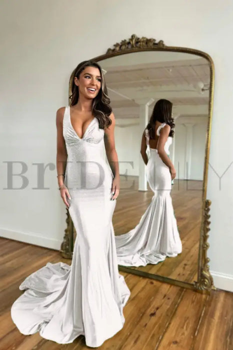 White Prom Dress with Wide Shoulder V Neck Long Mermaid with Bead Embellishments - Prom Dresses
