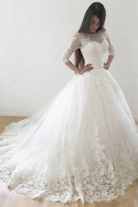 White Puffy Half Sleeves Long Vintage Tulle Bateau Appliques Wedding Dress - Wedding Dresses
