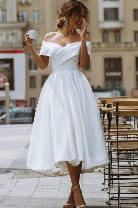 White Satin Off-the-Shoulder Tea-Length Wedding Dress