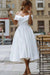 White Satin Off-the-Shoulder Tea-Length Wedding Dress