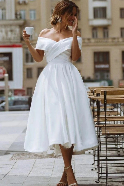 White Satin Off-the-Shoulder Tea-Length Wedding Dress