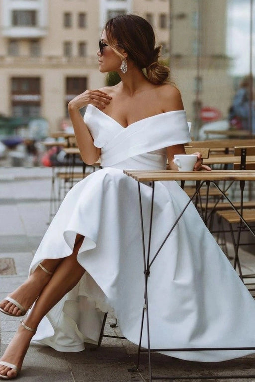 White Satin Off-the-Shoulder Tea-Length Wedding Dress