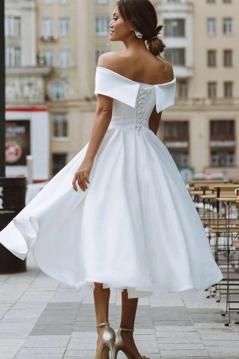 White Satin Off-the-Shoulder Tea-Length Wedding Dress
