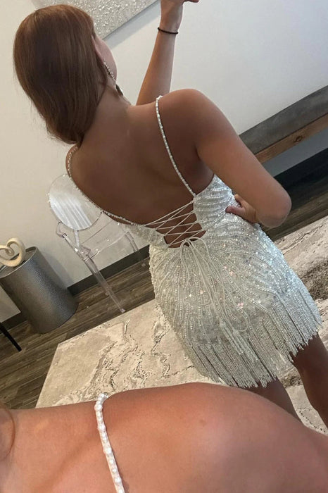 Sparkly White Beaded Tight Short Homecoming Dress with Fringes