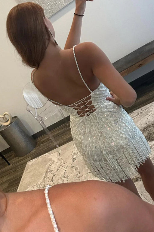 Sparkly White Beaded Tight Short Homecoming Dress with Fringes