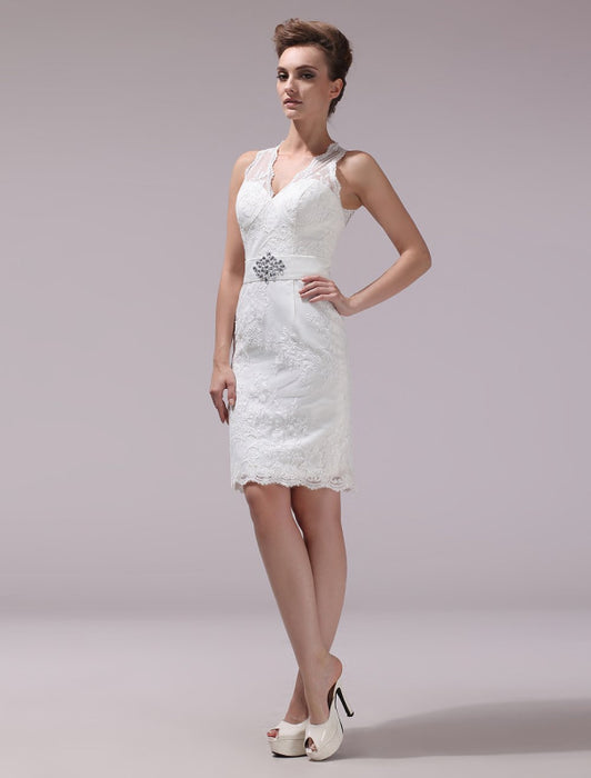 White Sheath Rhinestone Knee-Length Lace Wedding Reception Dress with V-Neck misshow