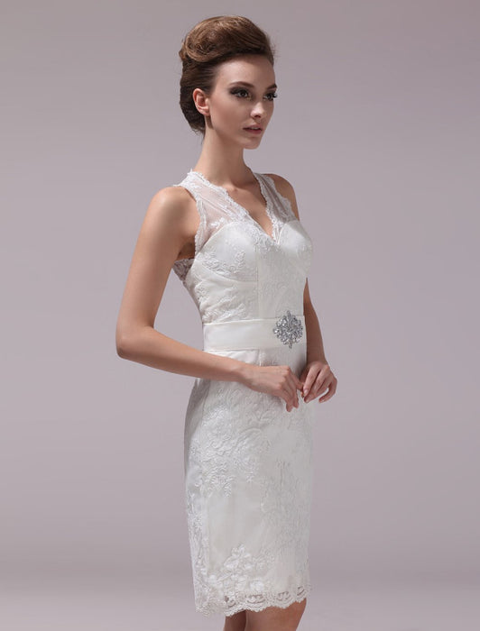 White Sheath Rhinestone Knee-Length Lace Wedding Reception Dress with V-Neck misshow