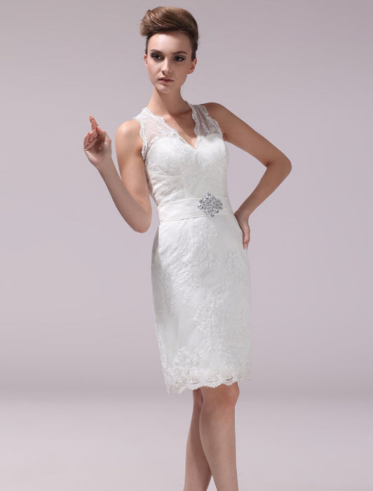 White Sheath Rhinestone Knee-Length Lace Wedding Reception Dress with V-Neck misshow