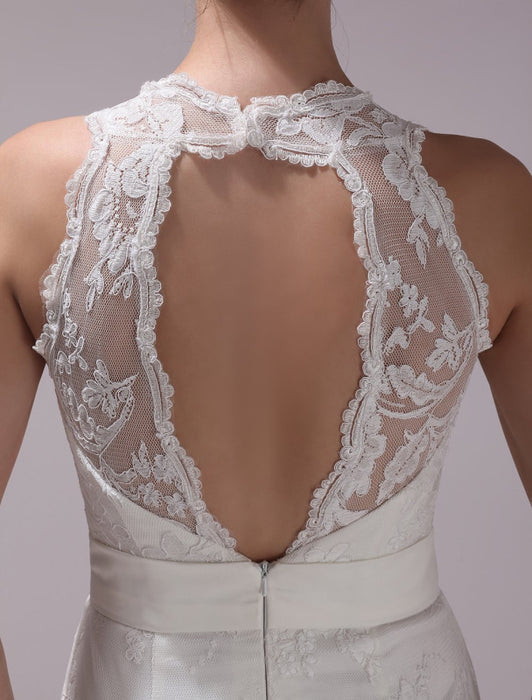 White Sheath Rhinestone Knee-Length Lace Wedding Reception Dress with V-Neck misshow