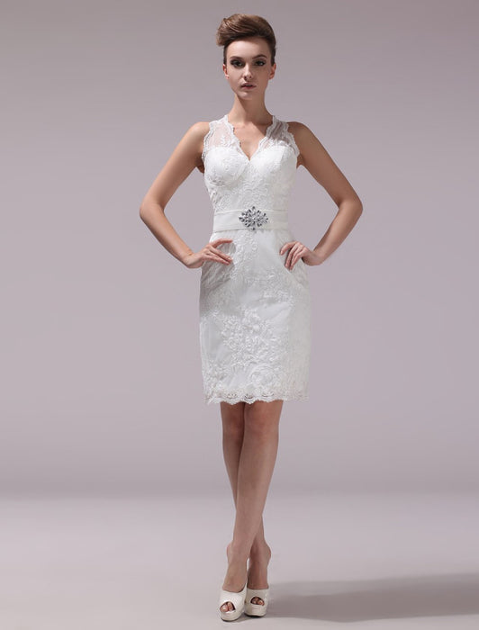 White Sheath Rhinestone Knee-Length Lace Wedding Reception Dress with V-Neck misshow