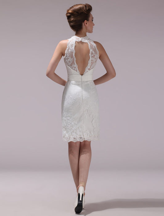 White Sheath Rhinestone Knee-Length Lace Wedding Reception Dress with V-Neck misshow