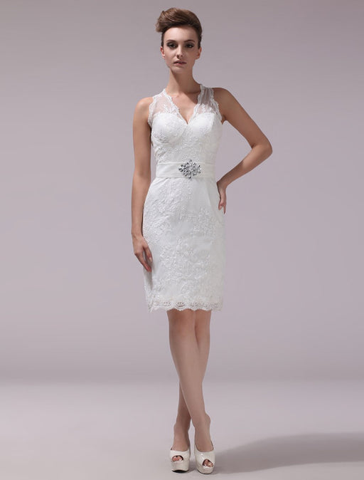 White Sheath Rhinestone Knee-Length Lace Wedding Reception Dress with V-Neck misshow