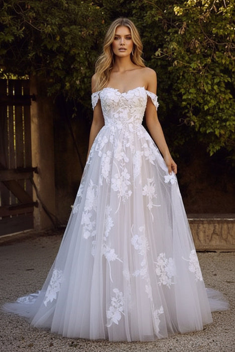 white wedding dresses a line off the shoulder  lace flora appliqued tulle bridal gown with train