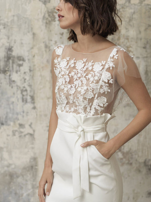 White Short Wedding Dresses Illusion Neckline Jewel Neck Short Sleeves Sheath Natural Waist Lace Bows Cut-Outs Ruffles Bridal Dresses