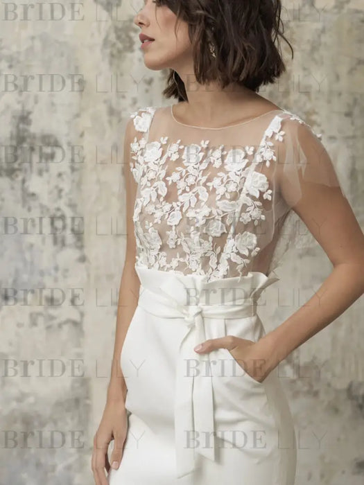 White Short Wedding Dresses Illusion Neckline Jewel Neck Short Sleeves Sheath Natural Waist Lace Bows Cut-Outs Ruffles Bridal Dresses