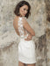 White Short Wedding Dresses Illusion Neckline Jewel Neck Short Sleeves Sheath Natural Waist Lace Bows Cut-Outs Ruffles Bridal Dresses