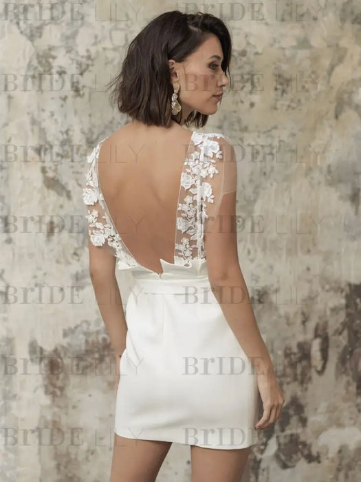 White Short Wedding Dresses Illusion Neckline Jewel Neck Short Sleeves Sheath Natural Waist Lace Bows Cut-Outs Ruffles Bridal Dresses