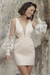 Champagne Short Wedding Dresses V-Neck Long Sleeves Backless Sheath Cut-Outs Lace Bridal Dresses