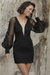 Black Short Wedding Dresses V-Neck Long Sleeves Backless Sheath Cut-Outs Lace Bridal Dresses
