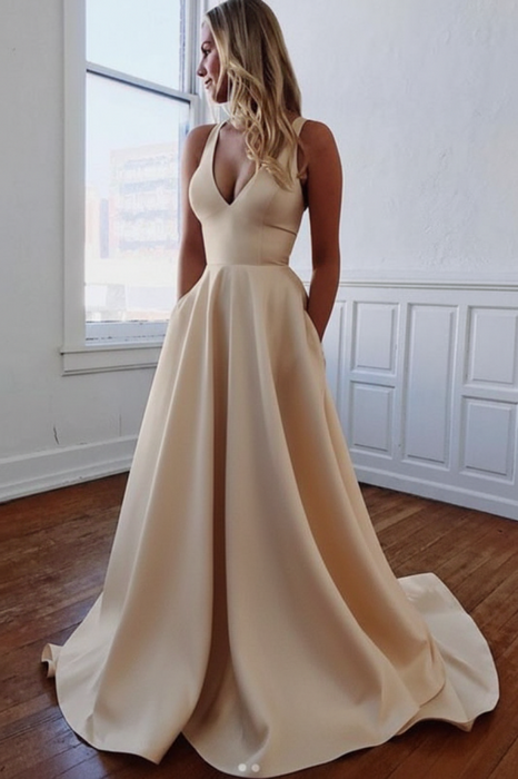 Satin Wedding Dress - White V-Neck A-Line Wedding Dress with Bows