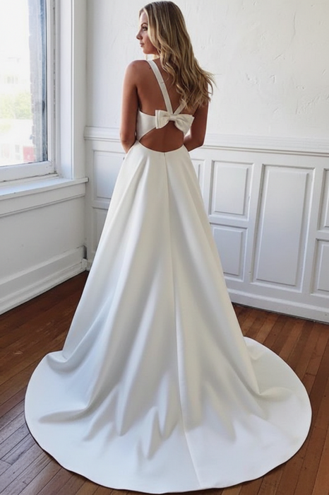 Charming V-neck Bow Back A-Line Wedding Dress - Wedding Dresses