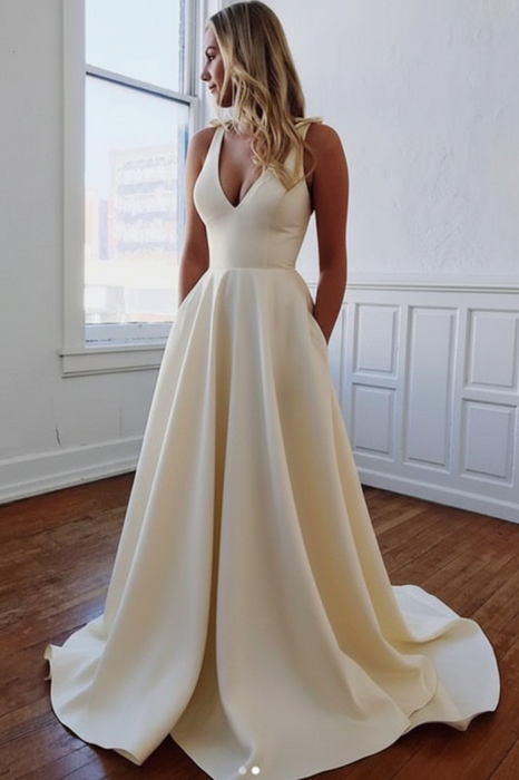 Ivory Charming V-neck Bow Back A-Line Wedding Dress - Wedding Dresses