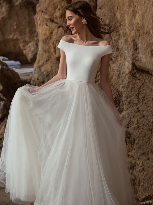 White Simple Wedding Dress A-Line Bateau Neck Off-Shoulder Sleeveless Natural Waistline Pleated Tulle Bridal Dresses