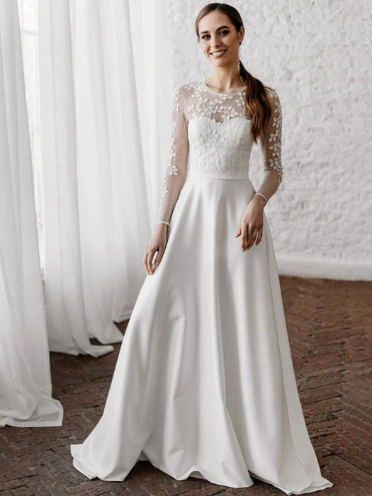 White Simple Wedding Dress A-Line Illusion Neckline Long Sleeves Pearls TrainSatin Fabric Lace Bridal Gowns
