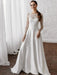 White Simple Wedding Dress A-Line Illusion Neckline Long Sleeves Pearls TrainSatin Fabric Lace Bridal Gowns